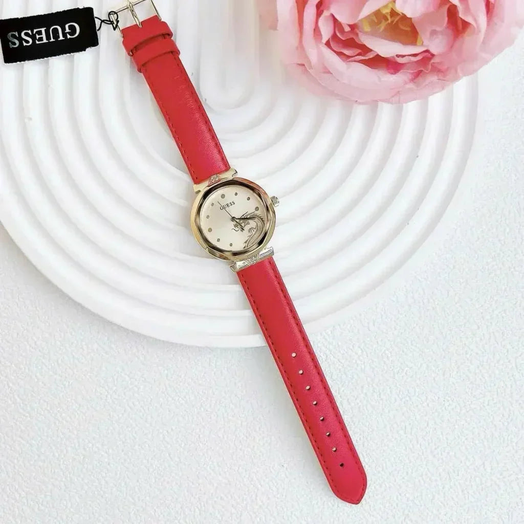 Shop Authentic Guess Trend Dragon Gold Dial Red Leather Strap Watch For Women - GW0646L1 - Luxxuri