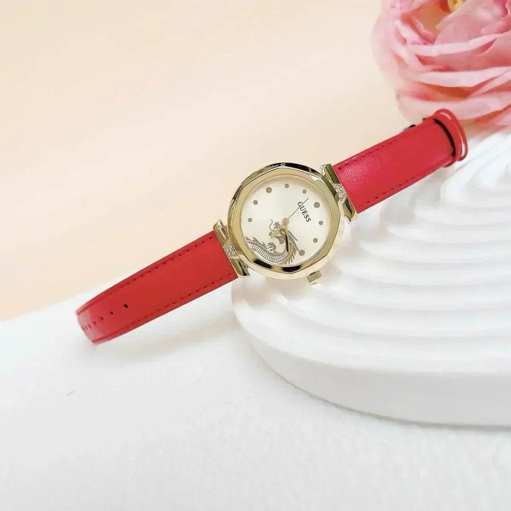  Shop Authentic Guess Trend Dragon Gold Dial Red Leather Strap Watch For Women - GW0646L1 - Luxxuri