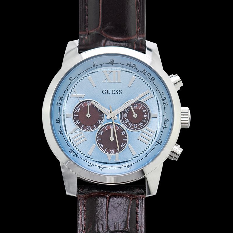  Shop Authentic Guess Horizon Chronograph Analog Blue Dial Brown Leather Strap Watch For Men - W0380G6 - Luxxuri