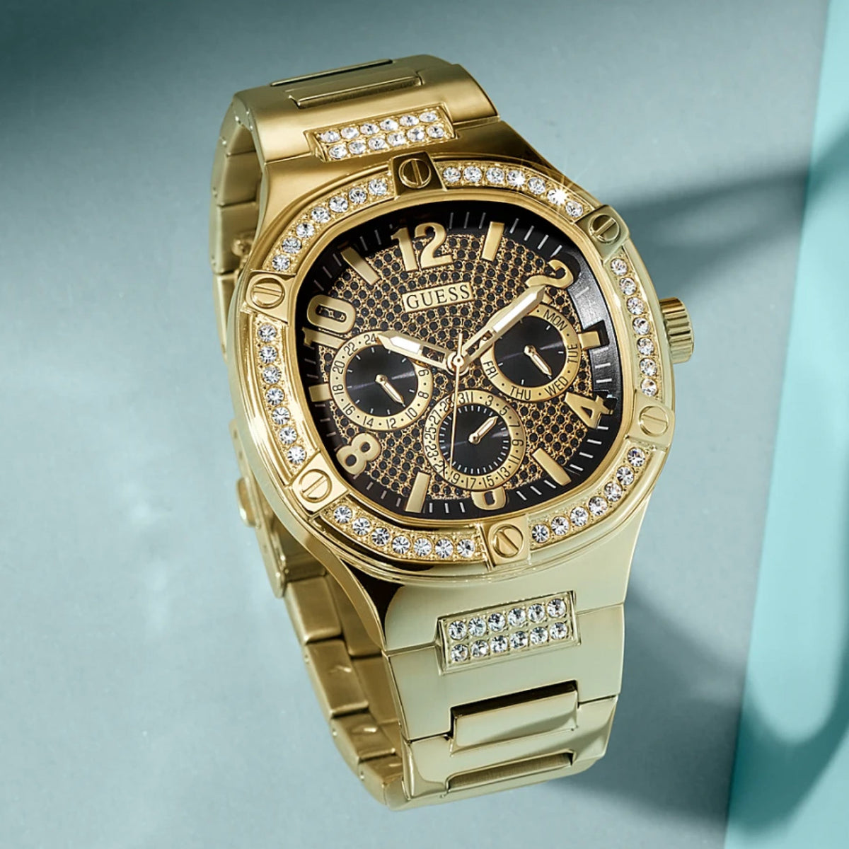  Shop Authentic Guess Duke Glitz Crystals Gold Dial Gold Steel Strap Watch For Men - GW0576G2 - Luxxuri