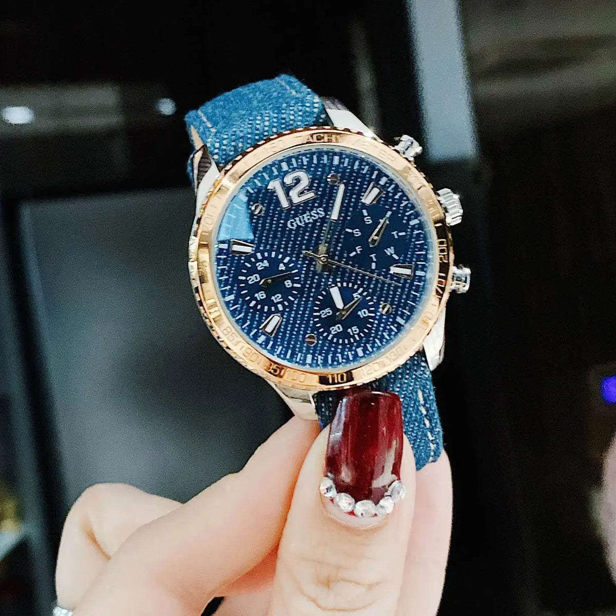  Shop Authentic Guess Marina Chronograph Blue Dial Blue Denim Strap Watch For Women - W1057L1 - Luxxuri