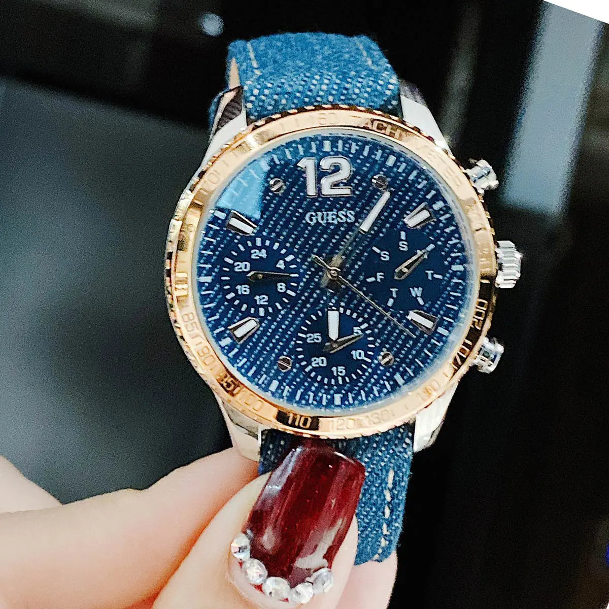  Shop Authentic Guess Marina Chronograph Blue Dial Blue Denim Strap Watch For Women - W1057L1 - Luxxuri
