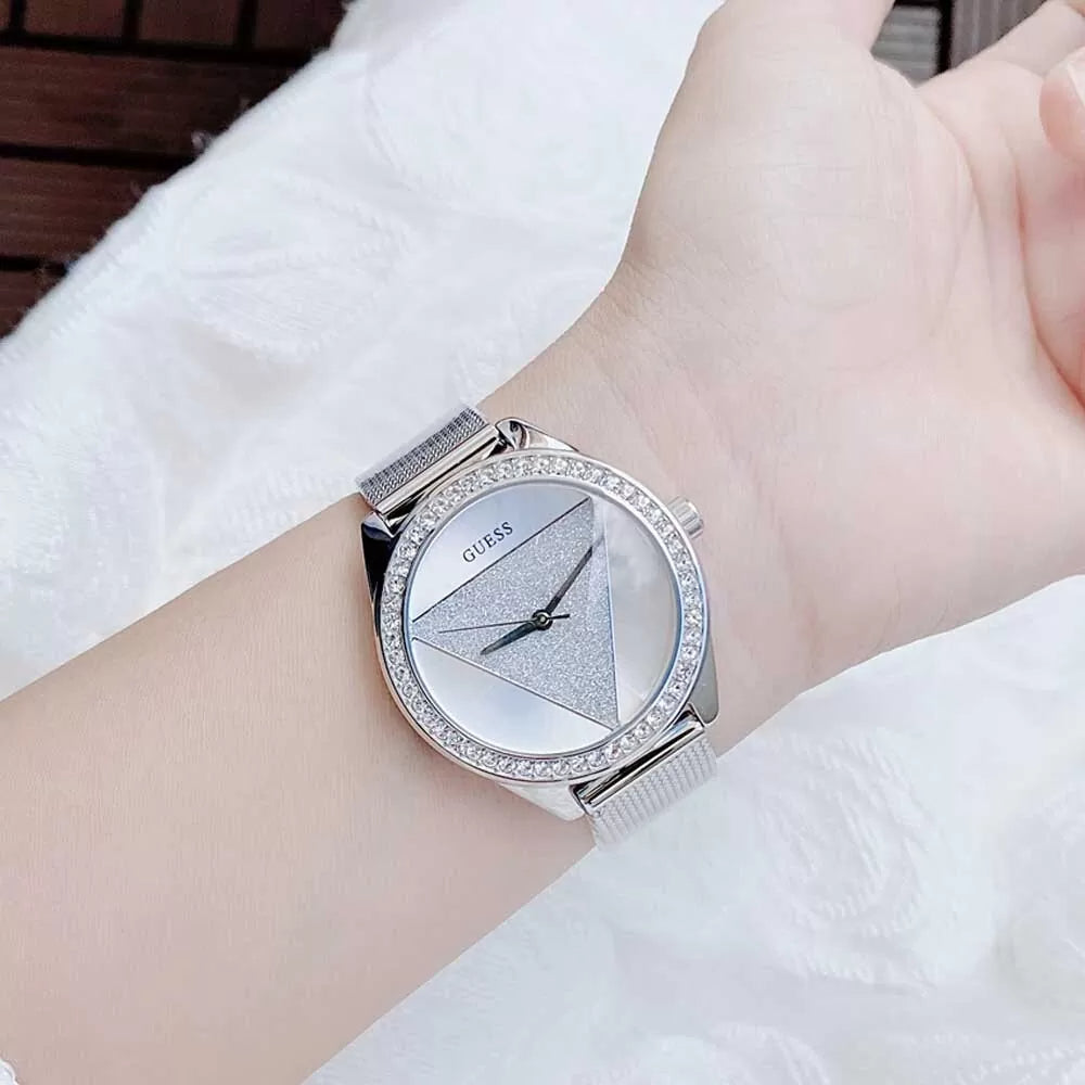  Shop Authentic Guess Tri Glitz Quartz Silver Dial Silver Mesh Bracelet Watch For Women - W1142L1 - Luxxuri