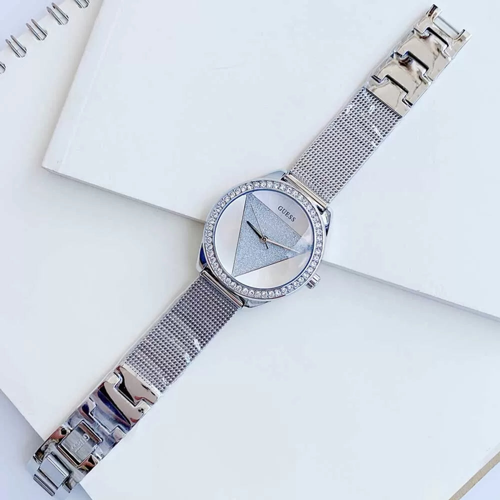  Shop Authentic Guess Tri Glitz Quartz Silver Dial Silver Mesh Bracelet Watch For Women - W1142L1 - Luxxuri