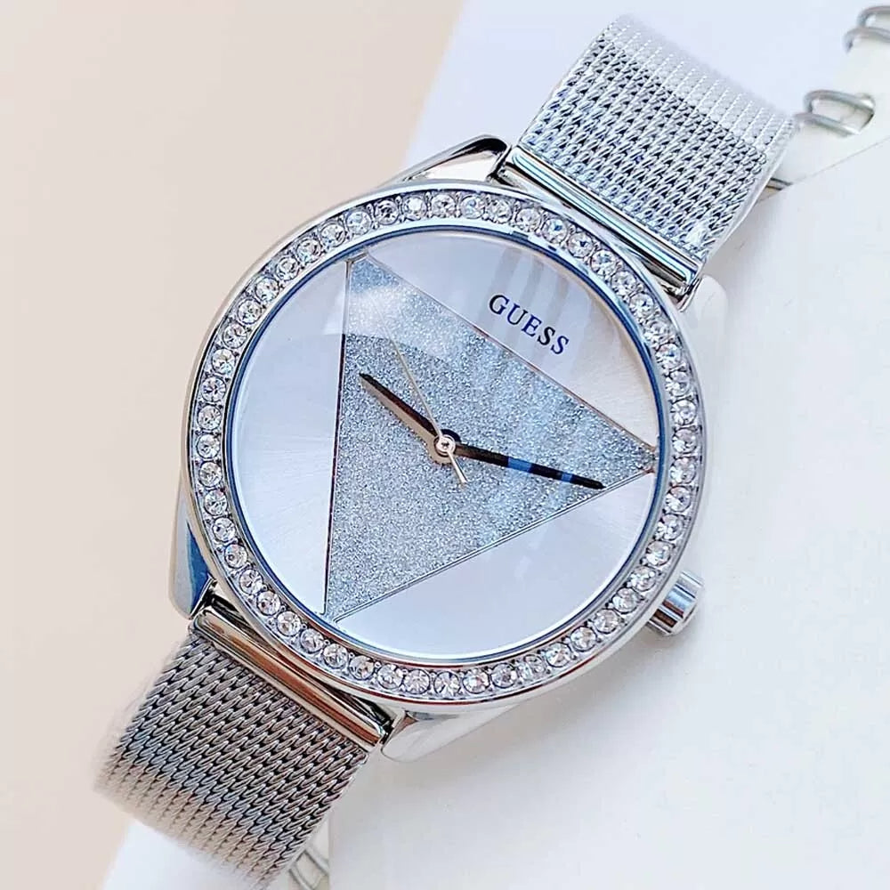 Shop Authentic Guess Tri Glitz Quartz Silver Dial Silver Mesh Bracelet Watch For Women - W1142L1 - Luxxuri