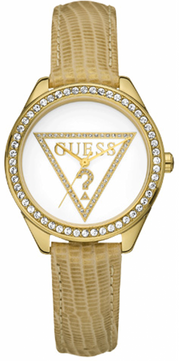  Shop Authentic Guess Mini Triangle Quartz White Dial Gold Leather Strap Watch For Women - W70015l1 - Luxxuri