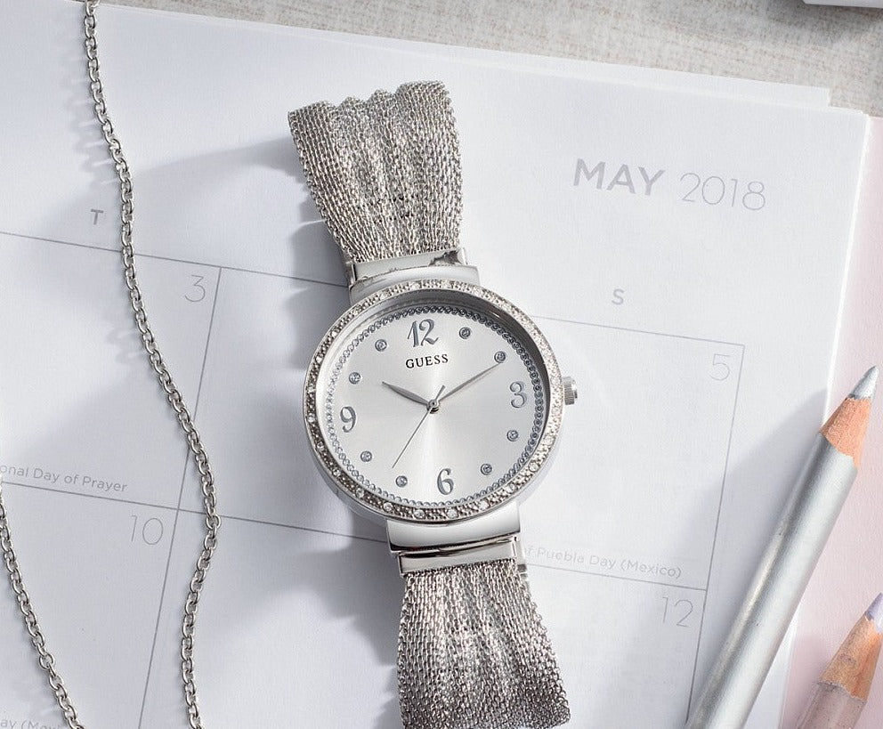  Shop Authentic Guess Chiffon Silver Dial Silver Mesh Bracelet Watch For Women - W1083L1 - Luxxuri
