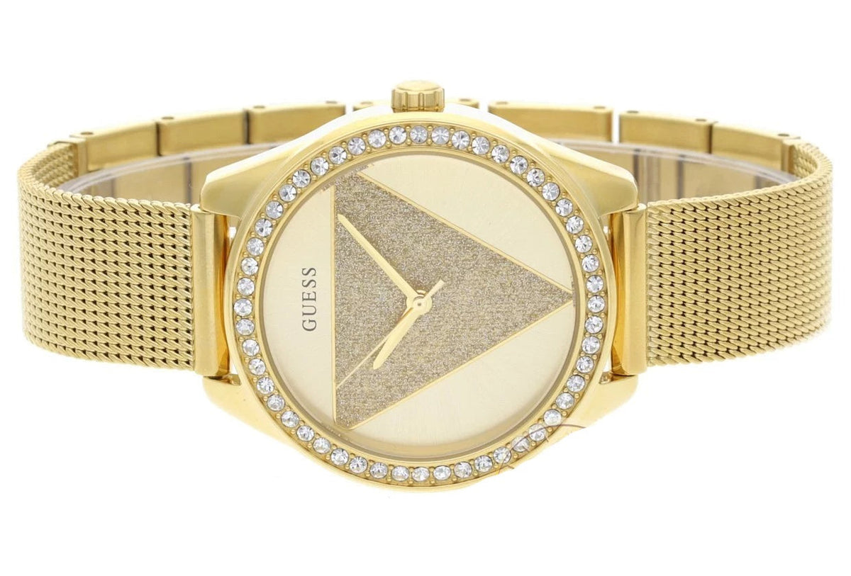  Shop Authentic Guess Tri Glitz Quartz Diamonds Gold Dial Gold Mesh Bracelet Watch For Women - W1142L2 - Luxxuri