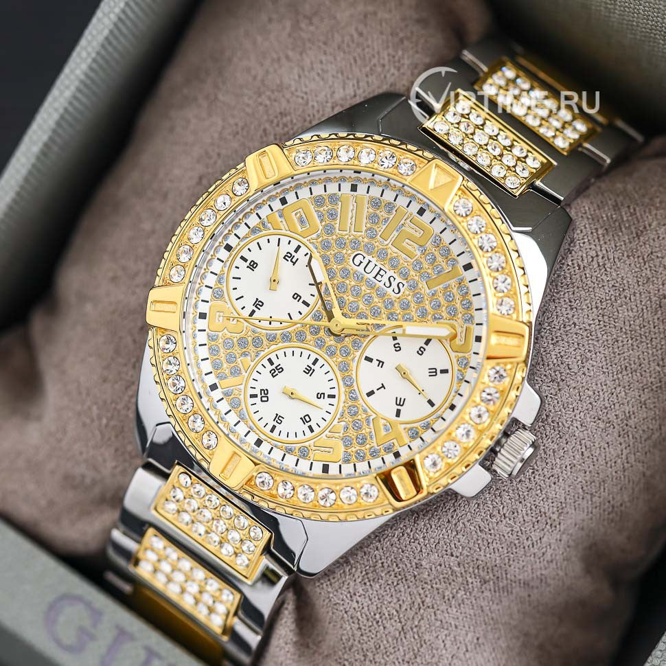  Shop Authentic Guess Frontier Chronograph Crystals Gold Dial Two Tone Steel Strap Watch For Women - W1156L5 - Luxxuri