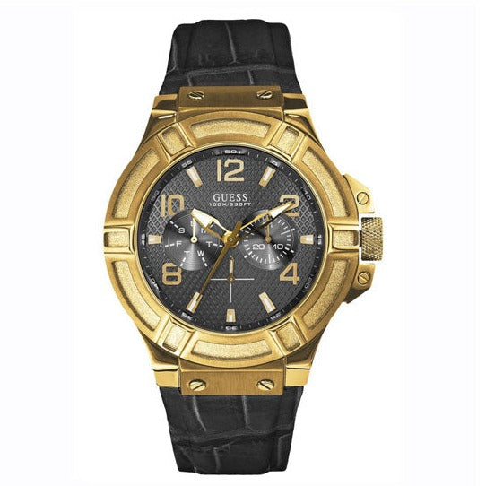  Shop Authentic Guess Rigor Analog Black Dial Black Leather Strap Watch For Men - W0040G4 - Luxxuri