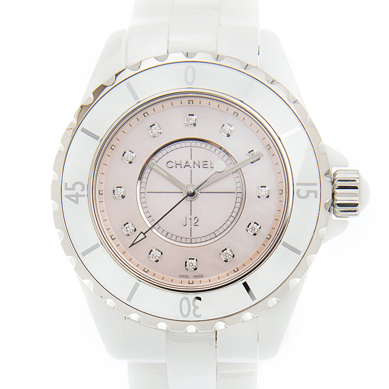  Shop Authentic Chanel J12 Quartz Diamonds Pink Dial White Steel Strap Watch for Women - J12 H5513 - Luxxuri
