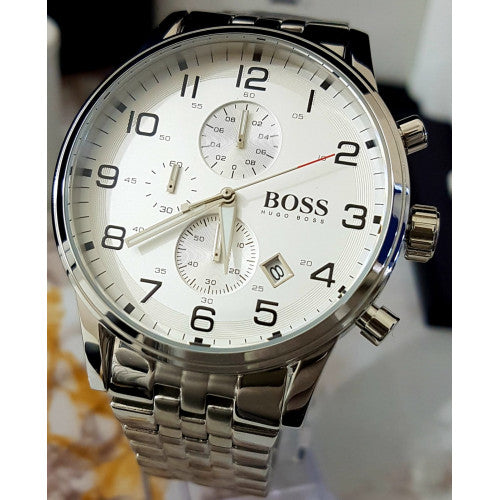  Shop Authentic Hugo Boss Aeroliner Chronograph Quartz White Dial Silver Steel Strap Watch For Men - HB1512445 - Luxxuri
