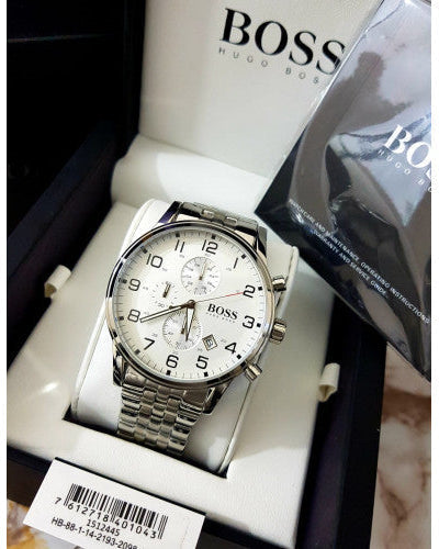  Shop Authentic Hugo Boss Aeroliner Chronograph White Dial Silver Steel Strap Watch For Men - 1512445 - Luxxuri