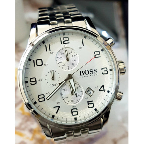  Shop Authentic Hugo Boss Aeroliner Chronograph Quartz White Dial Silver Steel Strap Watch For Men - HB1512445 - Luxxuri