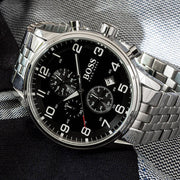 Shop Authentic Hugo Boss Aeroliner Chronograph Quartz Black Dial Silver Steel Strap Watch For Men - HB1512446 - Luxxuri