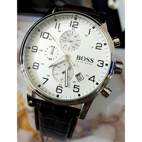  Shop Authentic Hugo Boss Aeroliner Chronoraph White Dial Brown Leather Strap Watch For Men - HB1512447 - Luxxuri