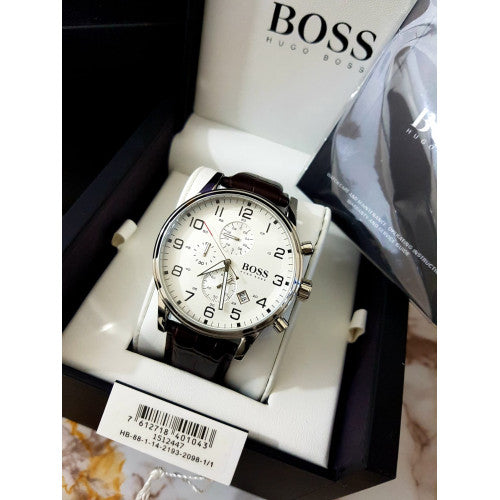  Shop Authentic Hugo Boss Aeroliner Chronoraph White Dial Brown Leather Strap Watch For Men - HB1512447 - Luxxuri