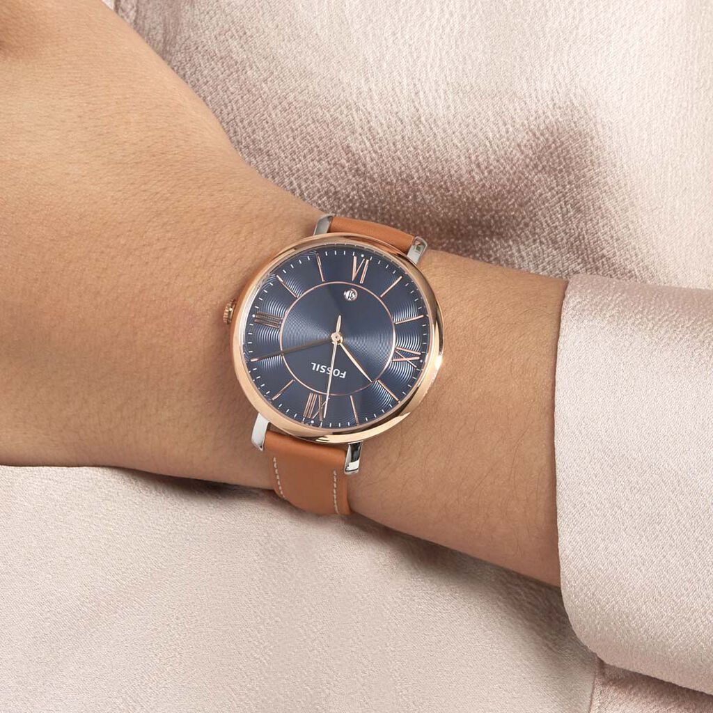  Shop Authentic Fossil Jacqueline Three Hand Date Luggage Blue Dial Brown Leather Strap Watch for Women - ES4274 - Luxxuri