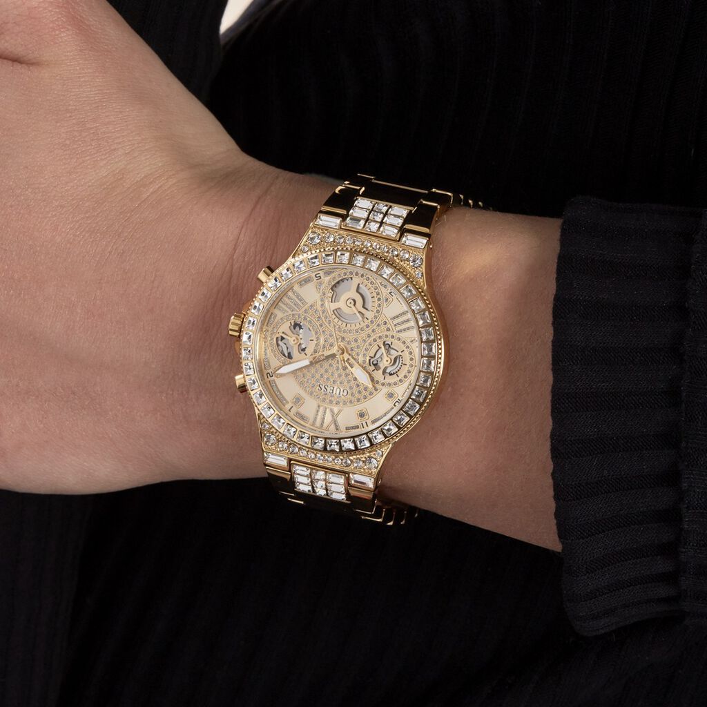  Shop Authentic Guess Moonlight Multi Function Diamonds Gold Dial Gold Steel Strap Watch for Women - GW0320L2 - Luxxuri