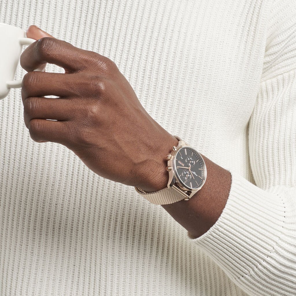  Shop Authentic Hugo Boss Associate Black Dial Rose Gold Mesh Bracelet Watch for Men - 1513806 - Luxxuri