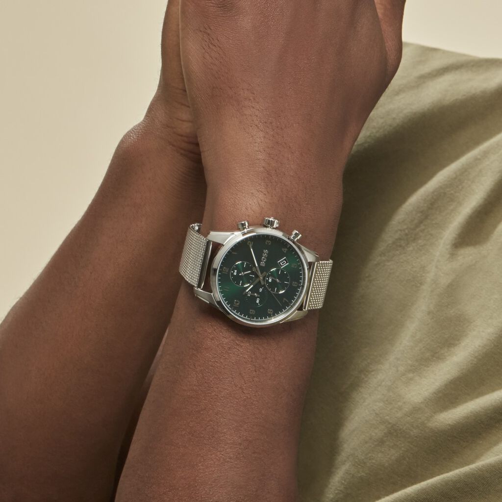  Shop Authentic Hugo Boss Skymaster Green Dial Silver Mesh Bracelet Watch for Men - 1513938 - Luxxuri