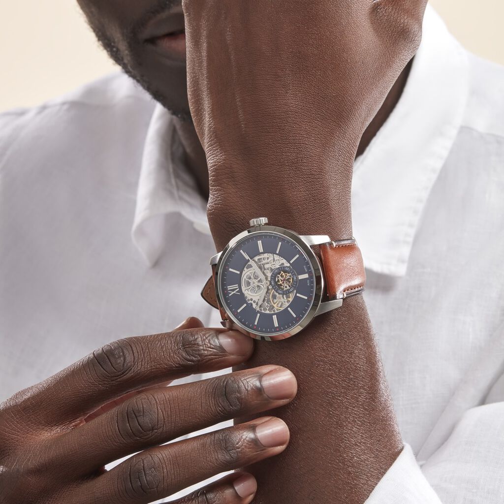  Shop Authentic Fossil Townsman Automatic Skeleton Blue Dial Brown Leather Strap Watch for Men - ME3154 - Luxxuri