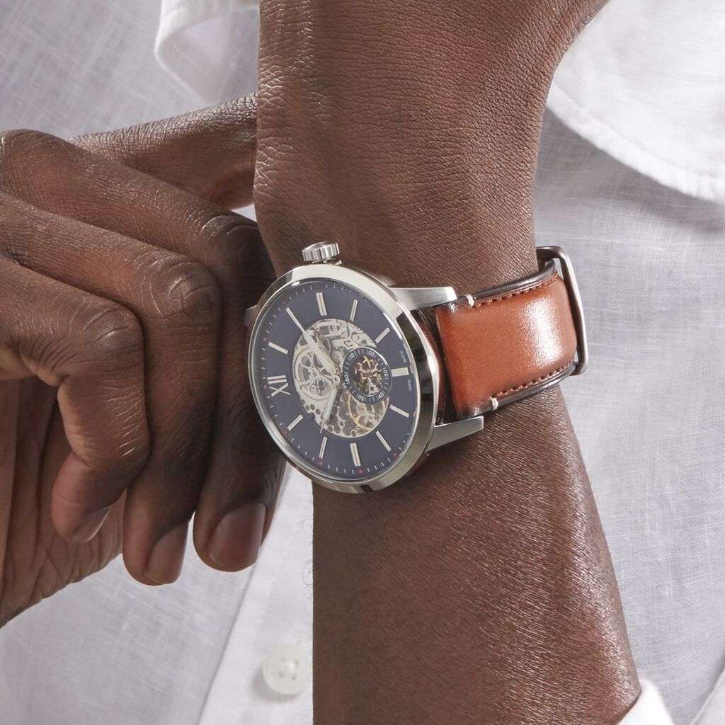  Shop Authentic Fossil Townsman Automatic Skeleton Blue Dial Brown Leather Strap Watch for Men - ME3154 - Luxxuri