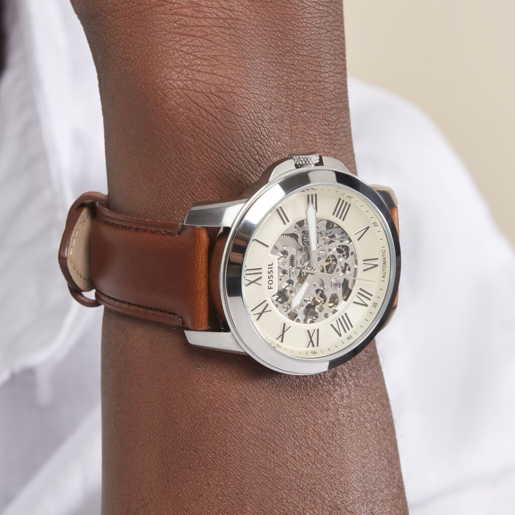  Shop Authentic Fossil Grant Automatic Beige Skeleton Dial Brown Leather Strap Watch for Men - ME3099 - Luxxuri
