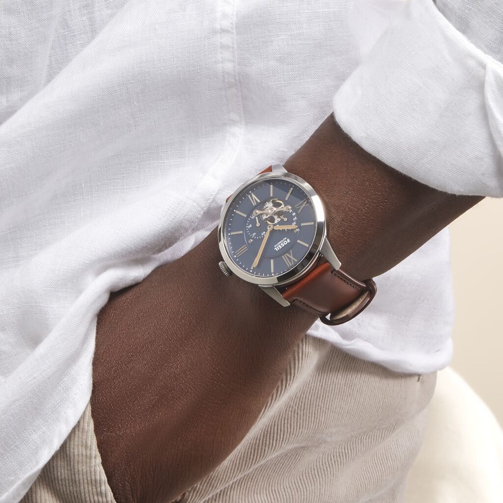  Shop Authentic Fossil Townsman Automatic Blue Dial Brown Leather Strap Watch for Men - ME3110 - Luxxuri