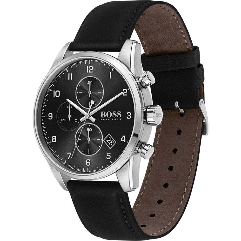  Shop Authentic Hugo Boss Skymaster Black Dial Black Leather Strap Watch for Men - 1513782 - Luxxuri