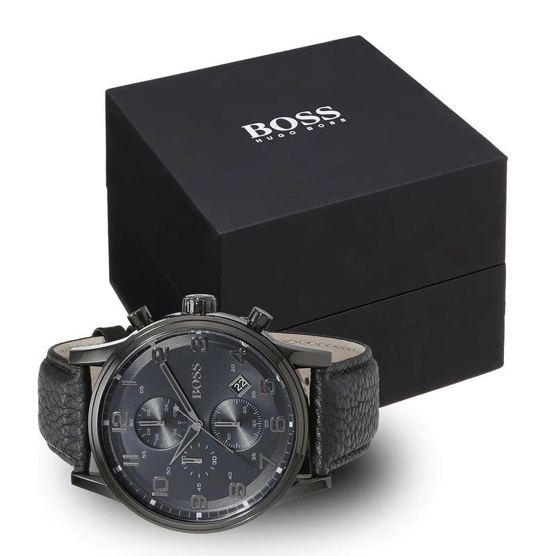  Shop Authentic Hugo Boss Blackout Chronograph Black Dial Black Leather Strap Watch For Men - HB1512567 - Luxxuri