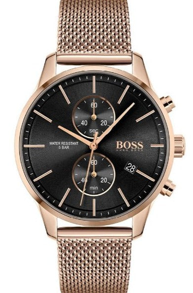  Shop Authentic Hugo Boss Associate Black Dial Rose Gold Mesh Bracelet Watch for Men - 1513806 - Luxxuri