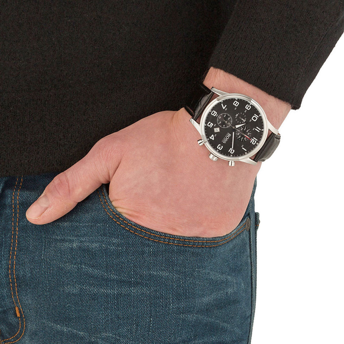  Shop Authentic Hugo Boss Aeroliner Chronograph Black Dial Black Leather Strap Watch For Men - 1512448 - Luxxuri
