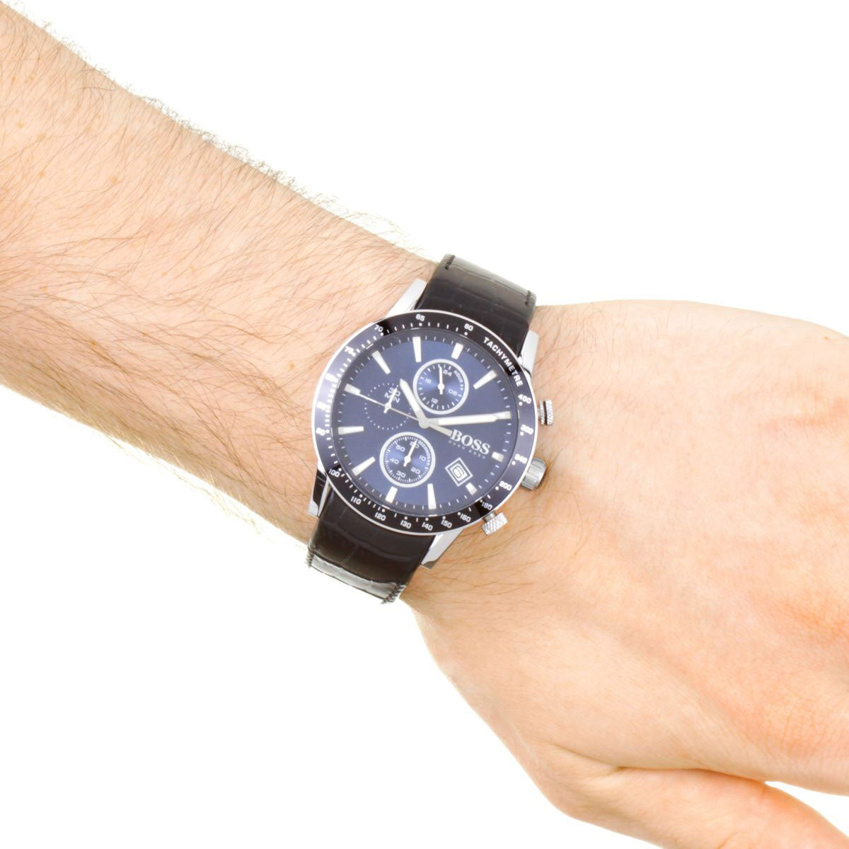  Shop Authentic Hugo Boss Rafale Chronograph Blue Dial Black Leather Strap Watch For Men - 1513391 - Luxxuri