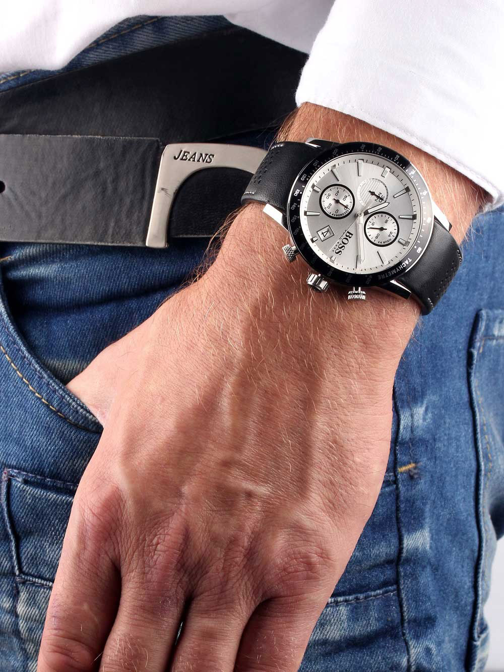  Shop Authentic Hugo Boss Rafale Chronograph Quartz Silver Dial Black Leather Strap Watch For Men - 1513403 - Luxxuri