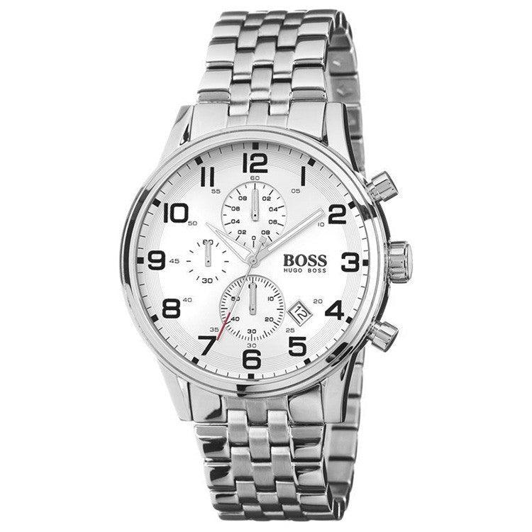  Shop Authentic Hugo Boss Aeroliner Chronograph Quartz White Dial Silver Steel Strap Watch For Men - HB1512445 - Luxxuri
