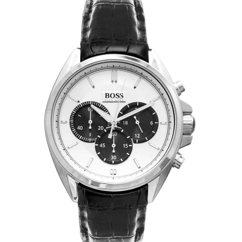  Shop Authentic Hugo Boss Casual Chronograph Silver Dial Black Leather Strap Watch For Men - HB1512880 - Luxxuri