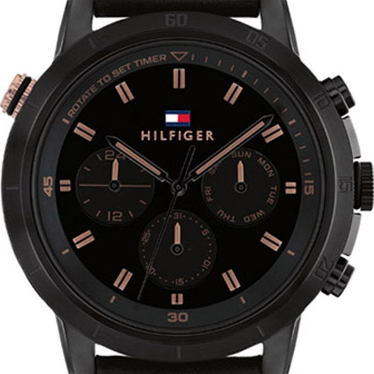  Shop Authentic Tommy Hilfiger Troy Chronograph Black Dial Black Leather Strap Watch For Men - 1792110 - Luxxuri