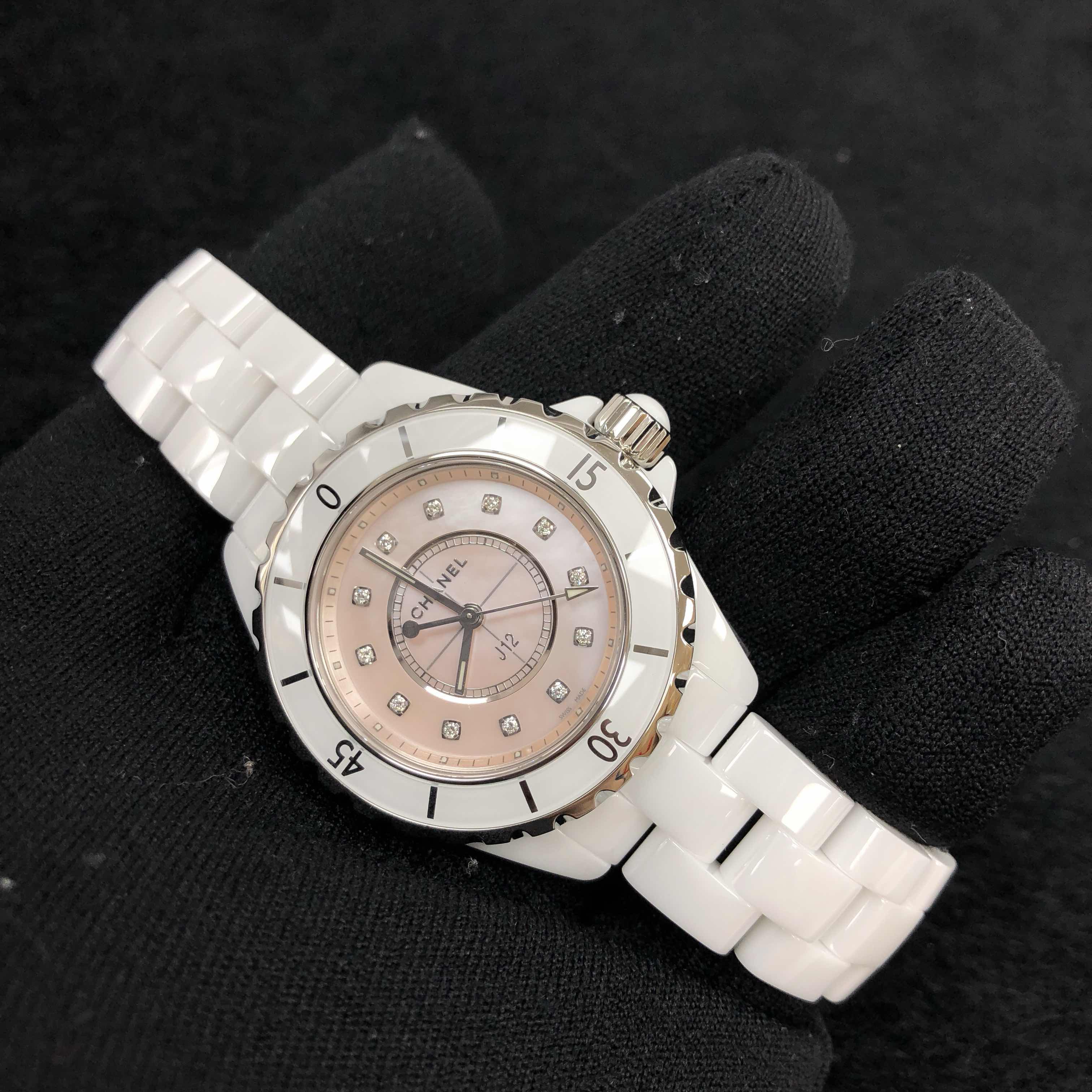  Shop Authentic Chanel J12 Quartz Diamonds Pink Dial White Steel Strap Watch for Women - J12 H5513 - Luxxuri