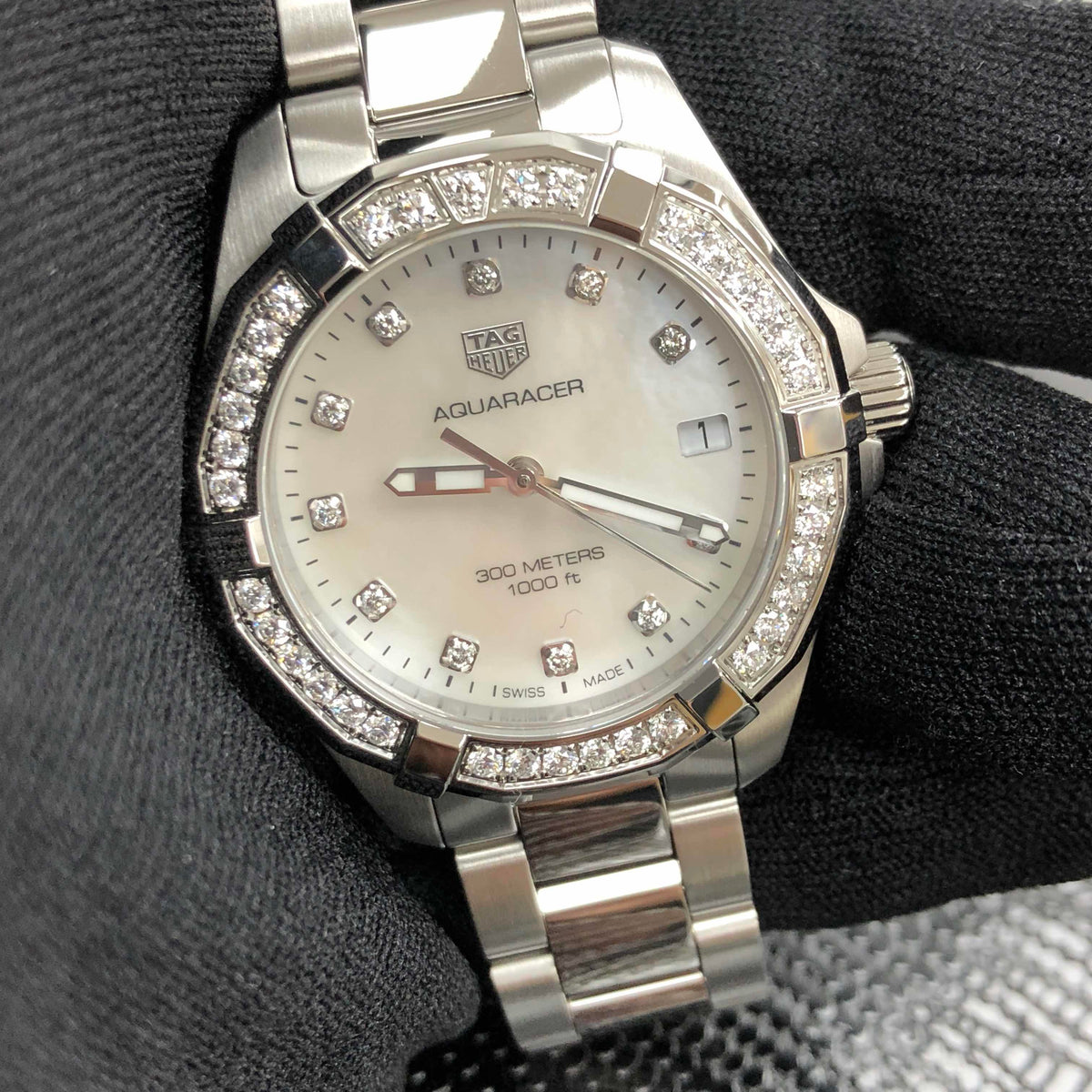  Shop Authentic Tag Heuer Aquaracer Diamonds White Mother of Pearl Dial Silver Steel Strap Watch for Women - WBD1315.BA0740 - Luxxuri
