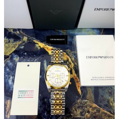 Shop Authentic Emporio Armani Classic Chronograph White Dial Two Tone Steel Strap Watch For Men - AR0396 - Luxxuri