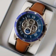  Shop Authentic Fossil Grant Sport Automatic Skeleton Blue Dial Brown Leather Strap Watch for Men - ME3140 - Luxxuri