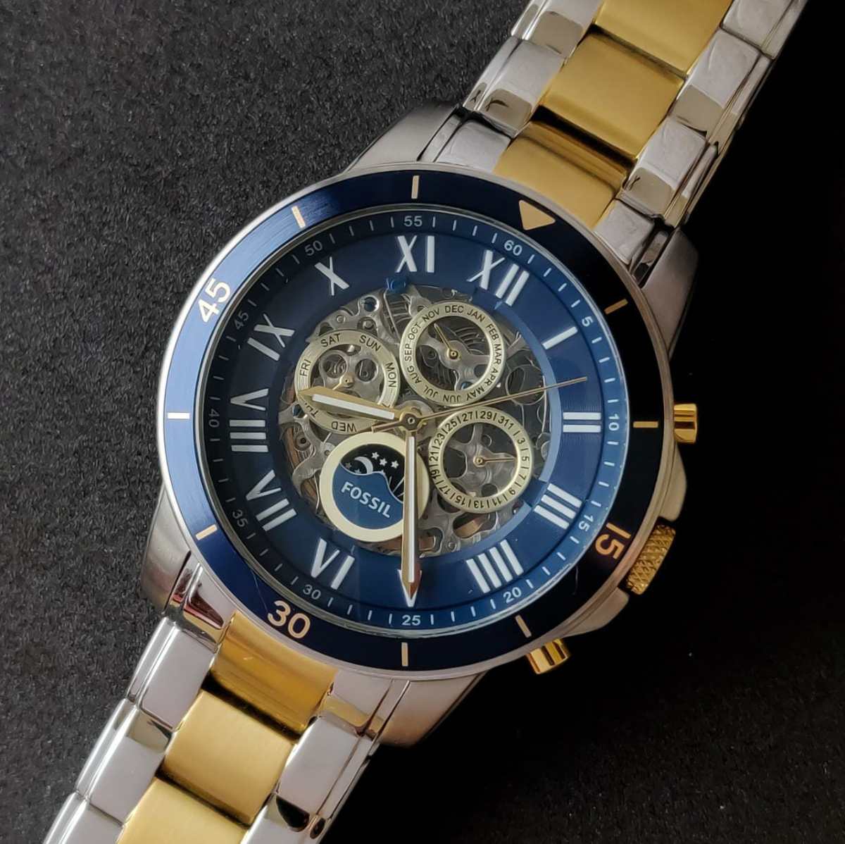  Shop Authentic Fossil Grant Sport Automatic Skeleton Blue Dial Two Tone Steel Strap Watch for Men - ME3141 - Luxxuri