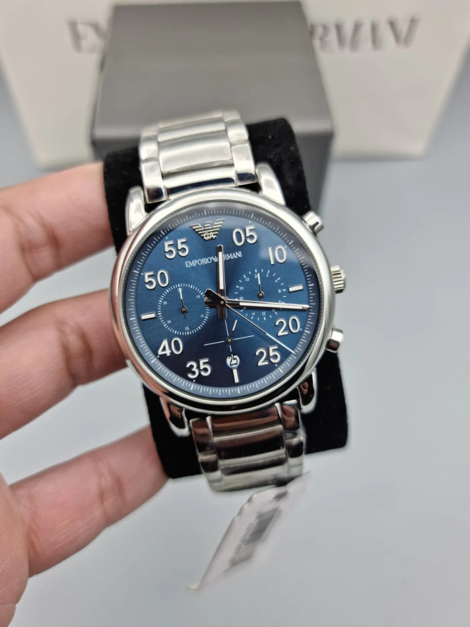  Shop Authentic Emporio Armani Luigi Chronograph Blue Dial Silver Steel Strap Watch For Men - AR11132 - Luxxuri
