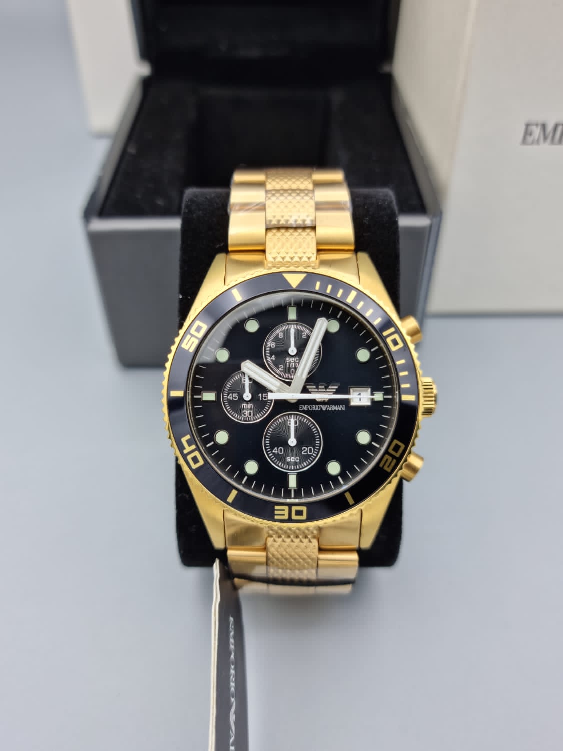  Shop Authentic Emporio Armani Chronograph Black Dial Gold Steel Strap Watch For Men - AR5857 - Luxxuri