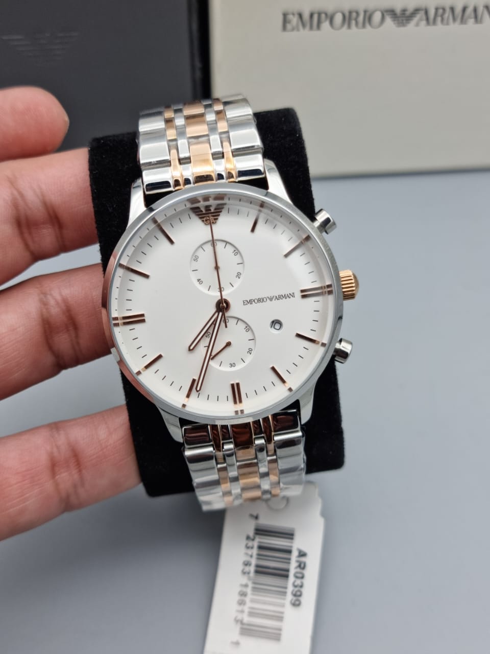  Shop Authentic Emporio Armani Chronograph White Dial Two Tone Steel Strap Watch For Men - AR0399 - Luxxuri