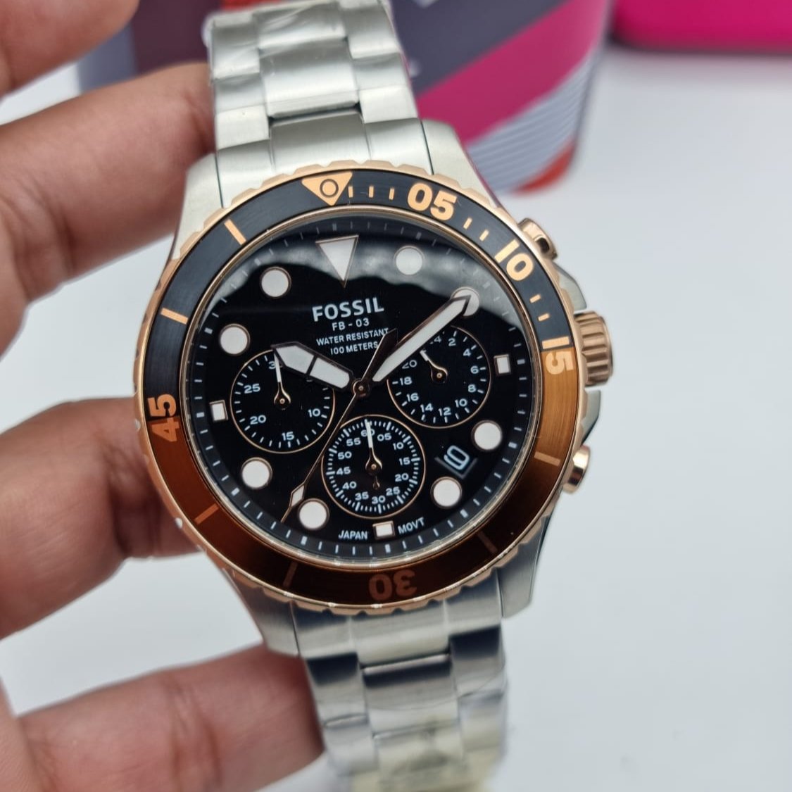  Shop Authentic Fossil FB-03 Chronograph Black Dial Silver Steel Strap Watch for Men - FS5768 - Luxxuri