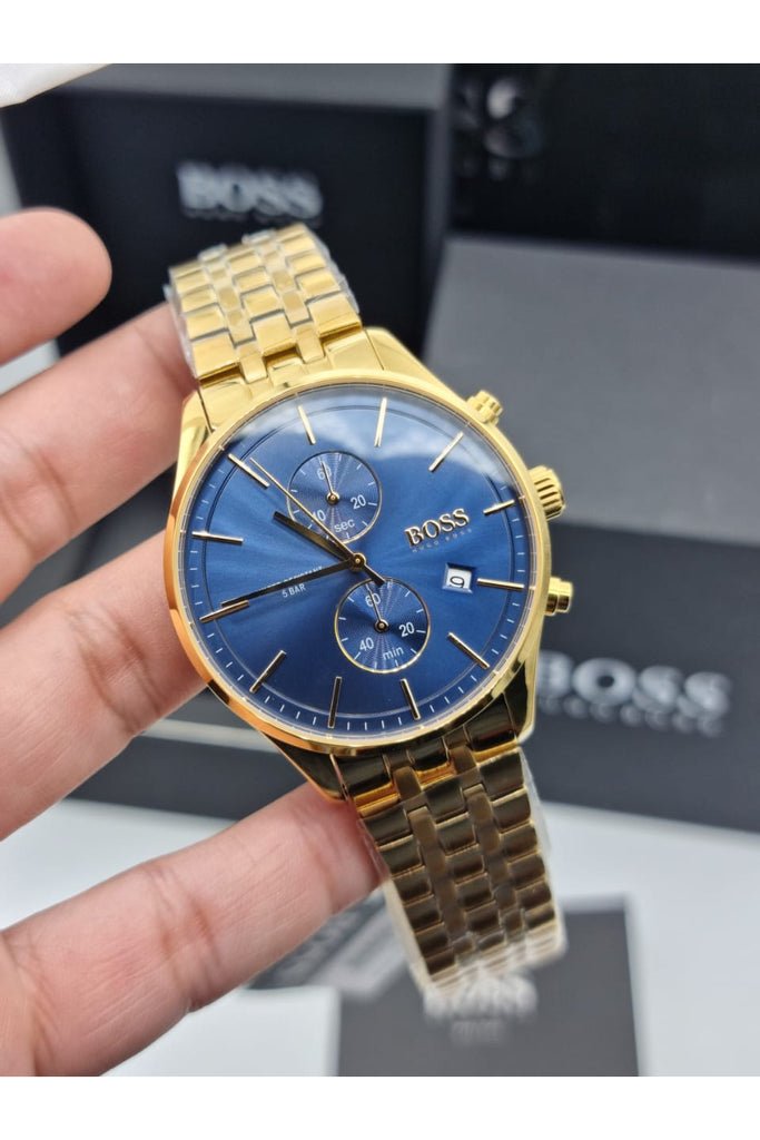  Shop Authentic Hugo Boss Associate Blue Dial Gold Steel Strap Watch for Men - 1513841 - Luxxuri