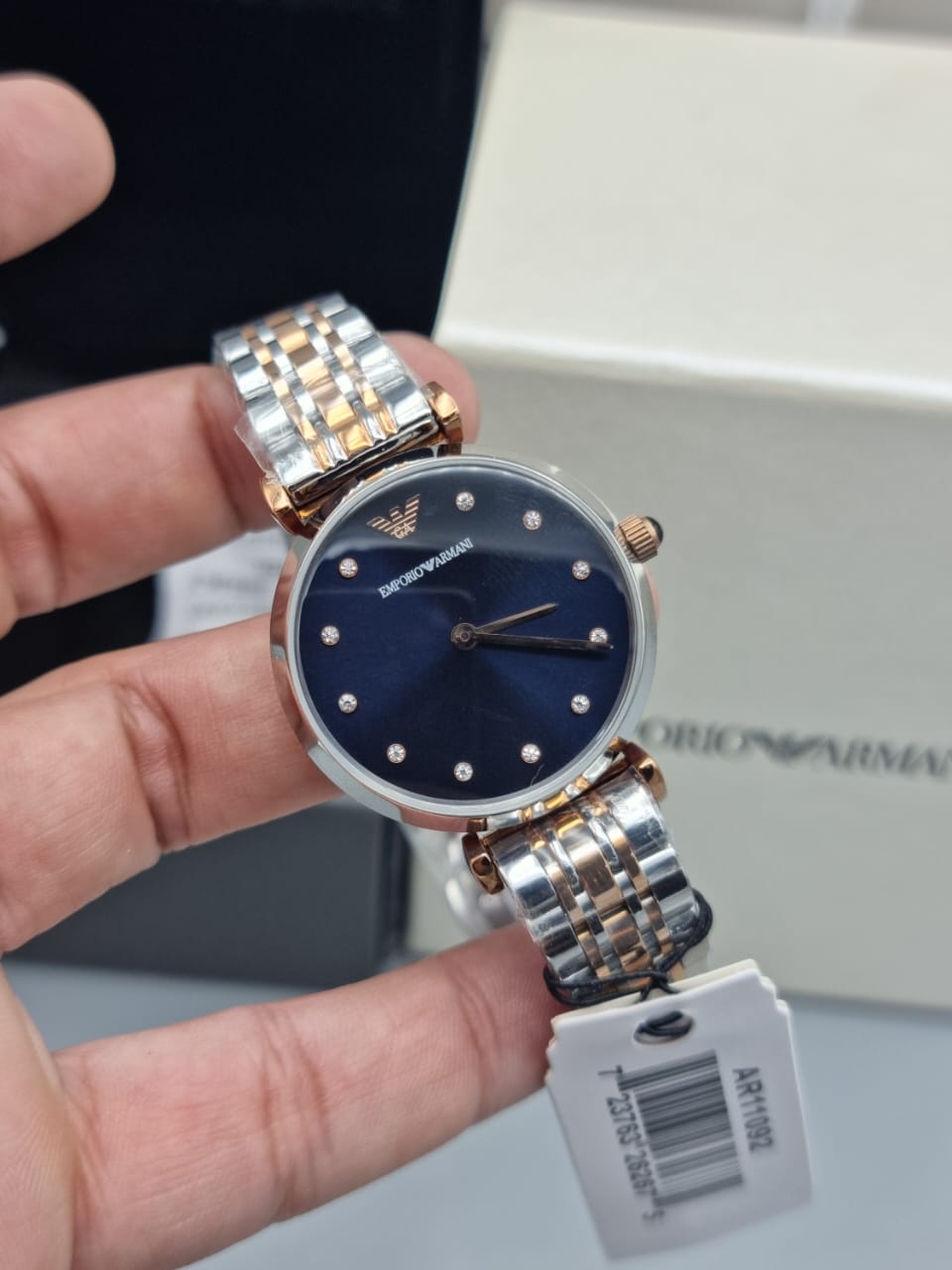  Shop Authentic Emporio Armani Gianni T Bar Crystal Blue Dial Two Tone Steel Strap Watch For Women - AR11092 - Luxxuri