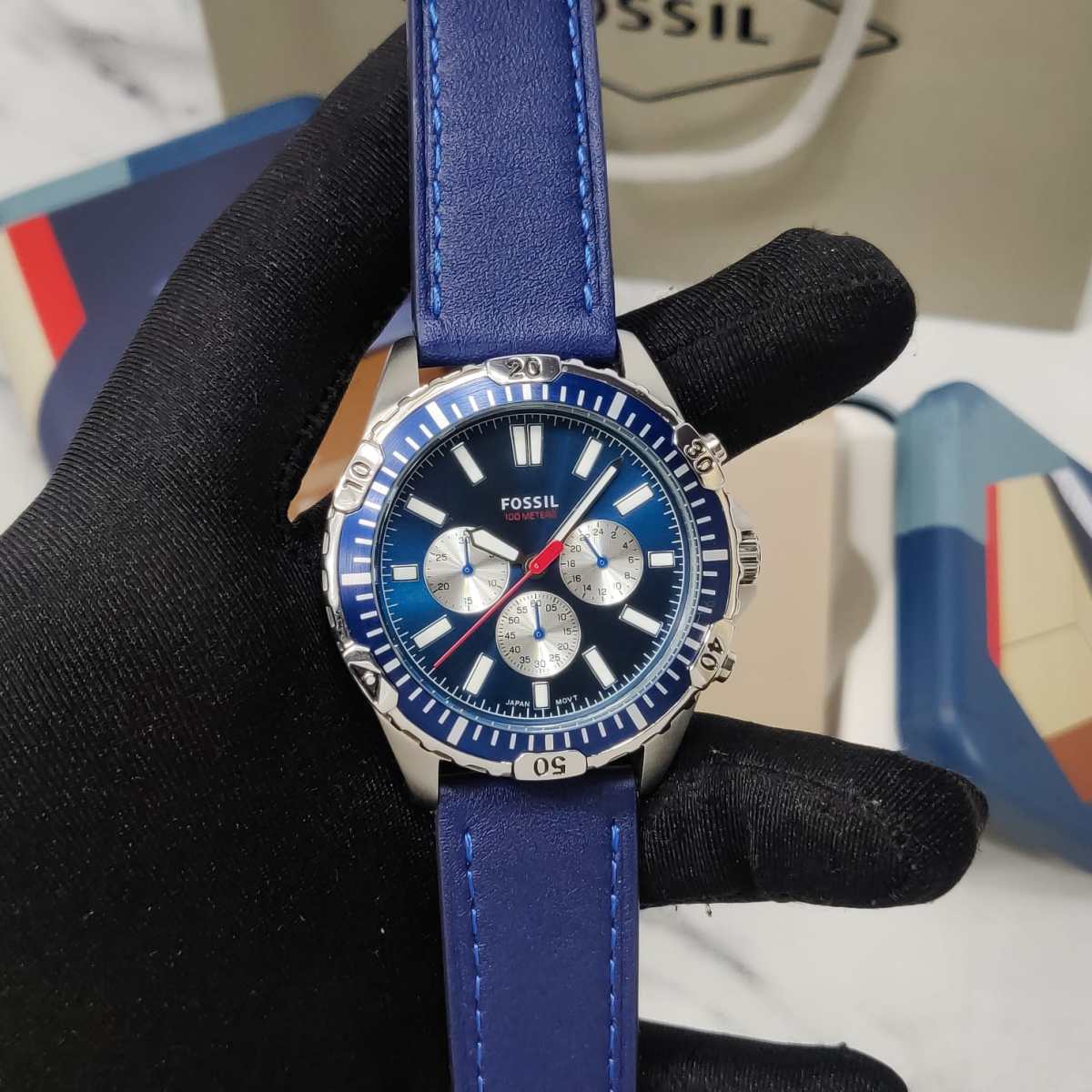  Shop Authentic Fossil Garrett Chronograph Blue Dial Blue Rubber Strap Watch for Men - FS5709 - Luxxuri